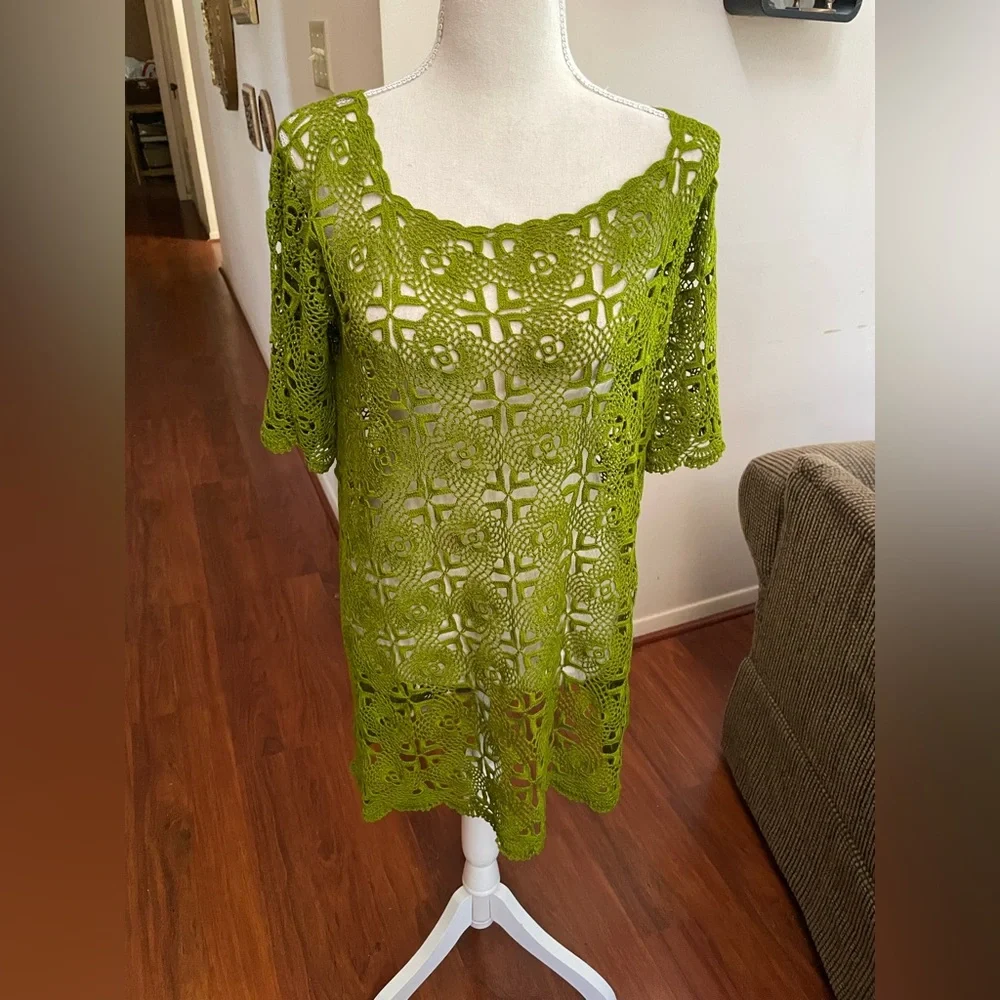 Unbranded green floral crochet tunic long top lace MEDIUM sheer short sleeve - Picture 7 of 13